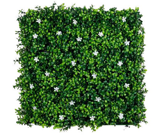 EcoBloom artificial vertical garden panels with soft fake leaves, artificial grass, and UV-resistant design