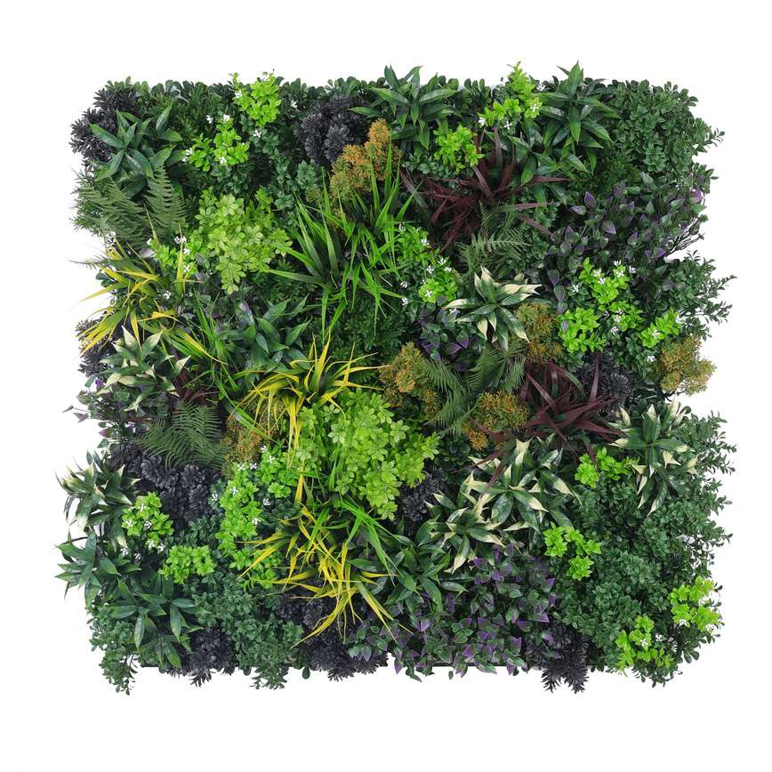 Evergreen Harmony artificial vertical garden wall with dense artificial plants, UV-protected fake greenwall panels for home and office walls