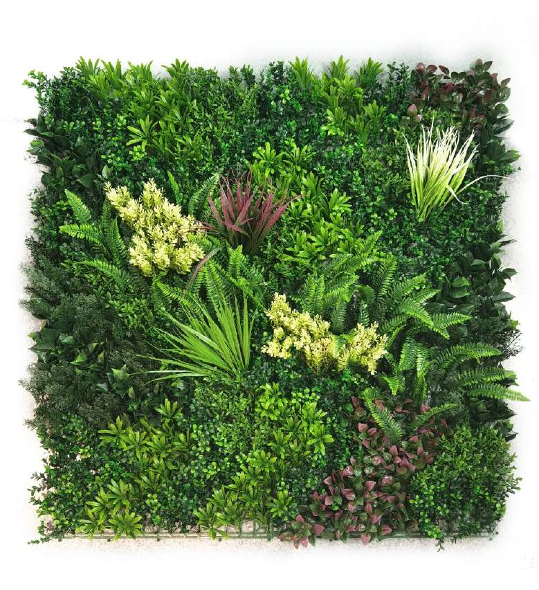 Meadow Bloom artificial vertical garden wall with vibrant green foliage, purple accents, and artificial garden wall panels perfect for decorative spaces.