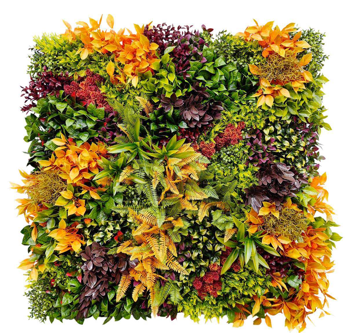 Autumn Harmony artificial vertical garden wall with UV-protected artificial plants, fake greenwall panels, and vibrant foliage for indoor and outdoor décor